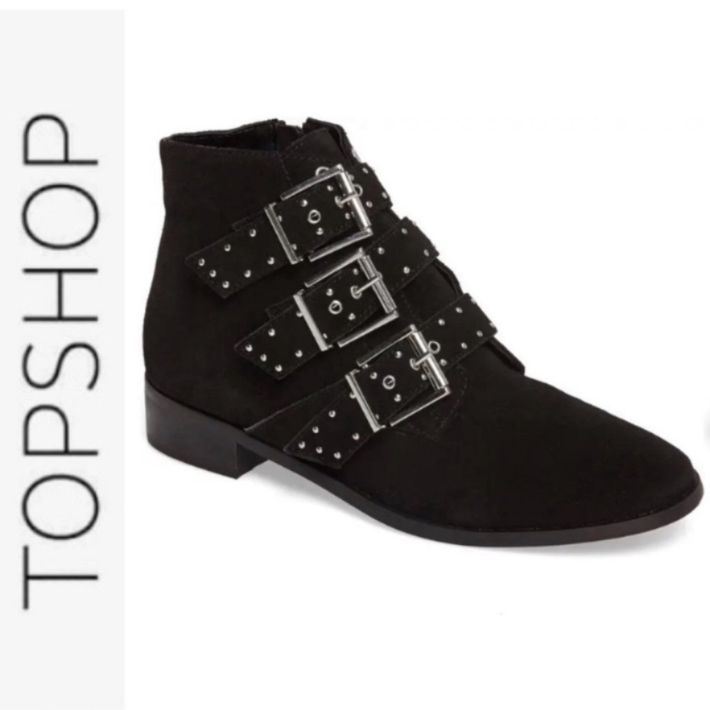 TOPSHOP "Krown" black suede ankle boots with studded multi straps- 39 (8.5)